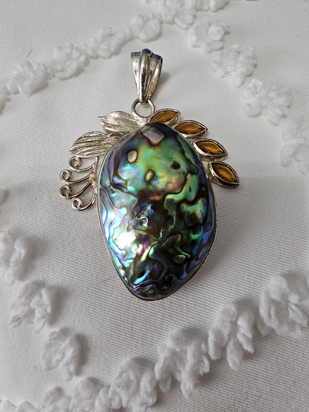 FINAL..Sterling Abalone Shell Pendant with Citrine Gem Accents